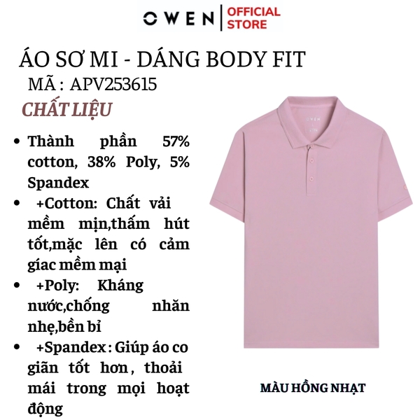 Áo Thun polo Nam Tay Ngắn Có Cổ Owen APV253615 màu hồng nhạt dáng suông body fit tà bằng chất liệu cotton