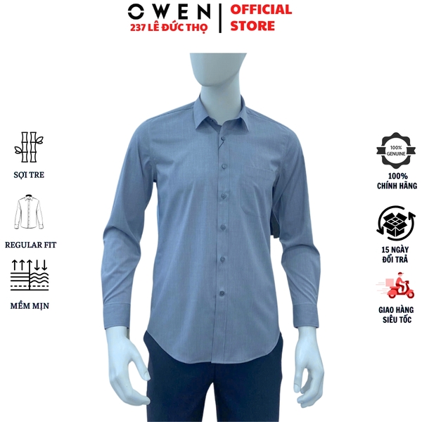 Áo Sơ Mi Nam Tay Dài Owen AR250088DT màu xanh đậm dáng suông regular fit tà lượn có túi chất liệu bamboo poly