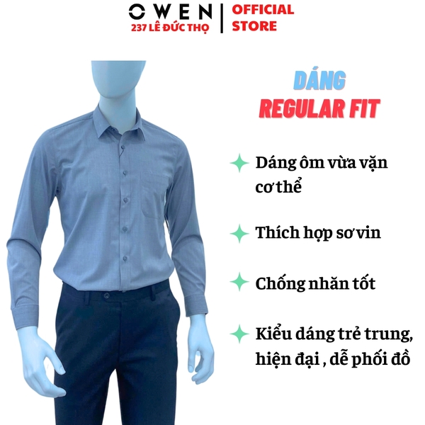 Áo Sơ Mi Nam Tay Dài Owen AR250088DT màu xanh đậm dáng suông regular fit tà lượn có túi chất liệu bamboo poly