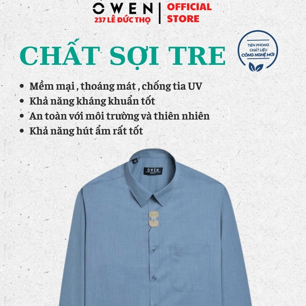 Áo Sơ Mi Nam Tay Dài Owen AR250088DT màu xanh đậm dáng suông regular fit tà lượn có túi chất liệu bamboo poly