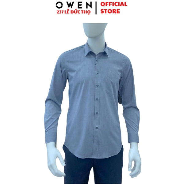 Áo Sơ Mi Nam Tay Dài Owen AR250088DT màu xanh đậm dáng suông regular fit tà lượn có túi chất liệu bamboo poly