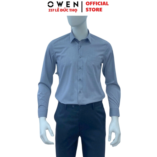 Áo Sơ Mi Nam Tay Dài Owen AR250088DT màu xanh đậm dáng suông regular fit tà lượn có túi chất liệu bamboo poly