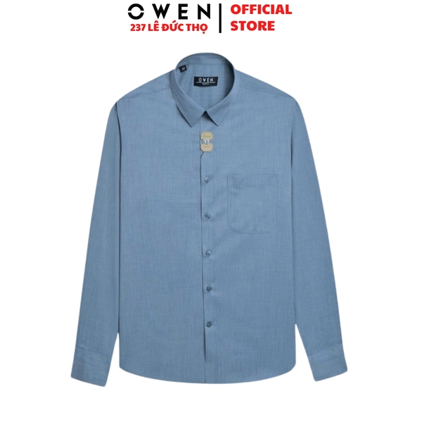 Áo Sơ Mi Nam Tay Dài Owen AR250088DT màu xanh đậm dáng suông regular fit tà lượn có túi chất liệu bamboo poly