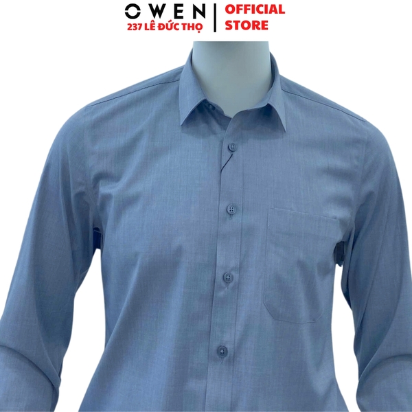 Áo Sơ Mi Nam Tay Dài Owen AR250088DT màu xanh đậm dáng suông regular fit tà lượn có túi chất liệu bamboo poly
