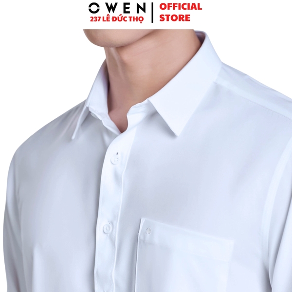 Áo sơ mi trắng nam tay dài Owen AR250300DT màu trắng trơn dáng suông regular fit tà lượn có túi chất liệu Nano