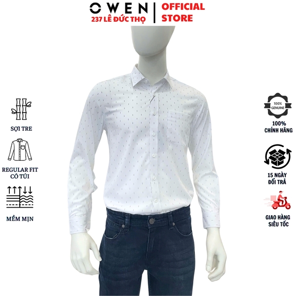 Áo sơ mi nam tay dài Owen AR255086DT màu trắng in họa tiết dáng suông regular fit tà lượn có túi chất liệu Bamboo polyester