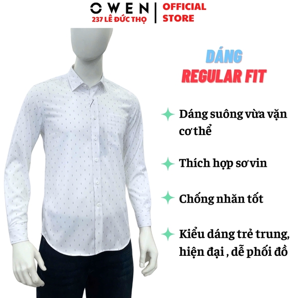 Áo sơ mi nam tay dài Owen AR255086DT màu trắng in họa tiết dáng suông regular fit tà lượn có túi chất liệu Bamboo polyester