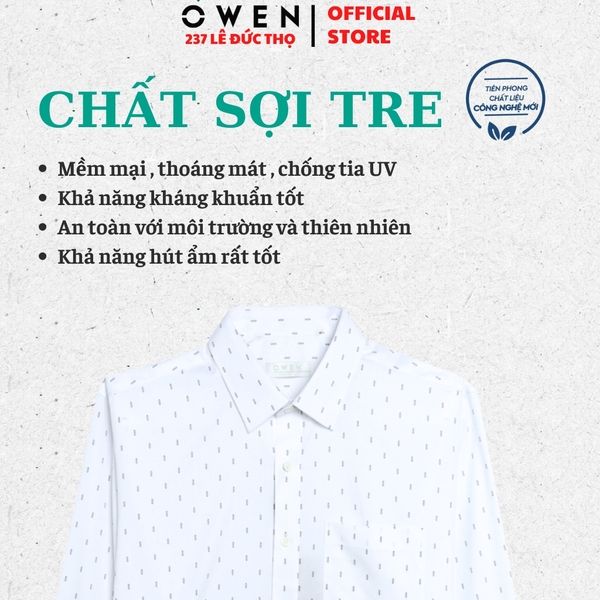 Áo sơ mi nam tay dài Owen AR255086DT màu trắng in họa tiết dáng suông regular fit tà lượn có túi chất liệu Bamboo polyester