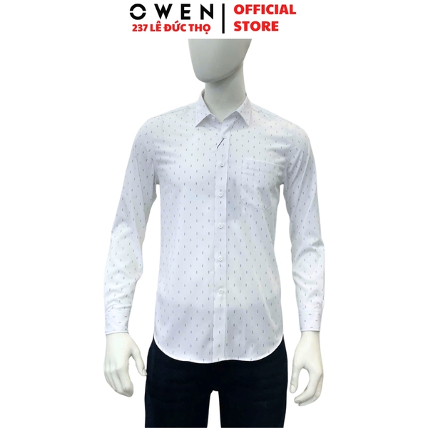 Áo sơ mi nam tay dài Owen AR255086DT màu trắng in họa tiết dáng suông regular fit tà lượn có túi chất liệu Bamboo polyester