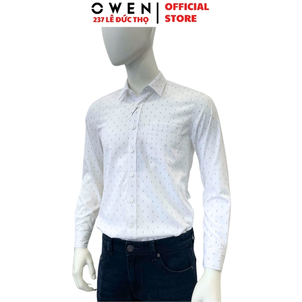 Áo sơ mi nam tay dài Owen AR255086DT màu trắng in họa tiết dáng suông regular fit tà lượn có túi chất liệu Bamboo polyester