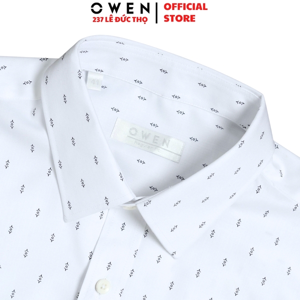 Áo sơ mi nam tay dài Owen AR255086DT màu trắng in họa tiết dáng suông regular fit tà lượn có túi chất liệu Bamboo polyester
