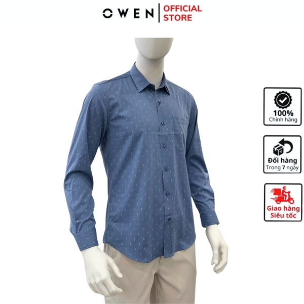 Áo sơ mi nam tay dài Owen AR255087DT màu xanh đậm họa tiết chấm bi dáng suông regular fit tà lượn có túi chất liệu bamboo spandex