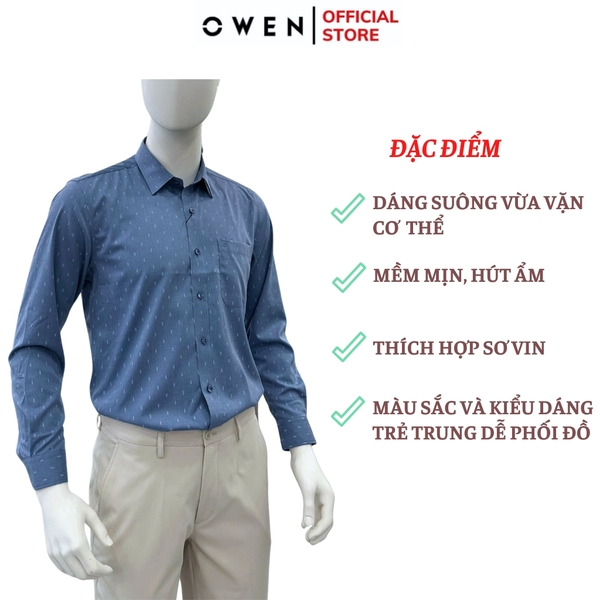 Áo sơ mi nam tay dài Owen AR255087DT màu xanh đậm họa tiết chấm bi dáng suông regular fit tà lượn có túi chất liệu bamboo spandex