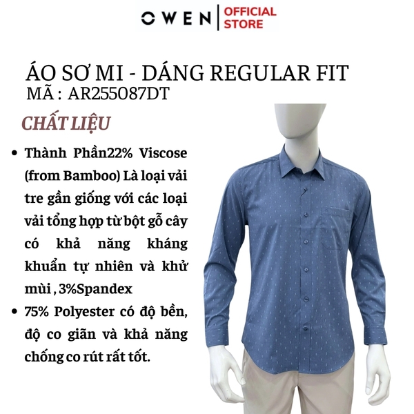 Áo sơ mi nam tay dài Owen AR255087DT màu xanh đậm họa tiết chấm bi dáng suông regular fit tà lượn có túi chất liệu bamboo spandex