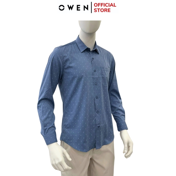 Áo sơ mi nam tay dài Owen AR255087DT màu xanh đậm họa tiết chấm bi dáng suông regular fit tà lượn có túi chất liệu bamboo spandex