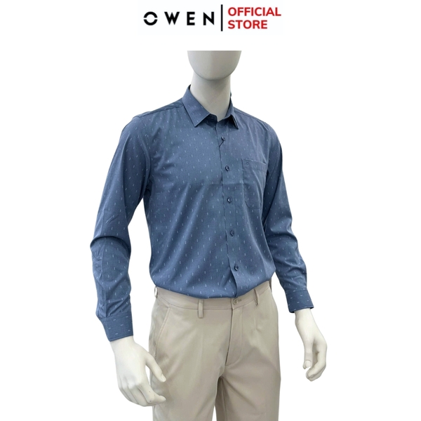 Áo sơ mi nam tay dài Owen AR255087DT màu xanh đậm họa tiết chấm bi dáng suông regular fit tà lượn có túi chất liệu bamboo spandex