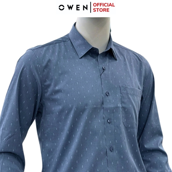 Áo sơ mi nam tay dài Owen AR255087DT màu xanh đậm họa tiết chấm bi dáng suông regular fit tà lượn có túi chất liệu bamboo spandex
