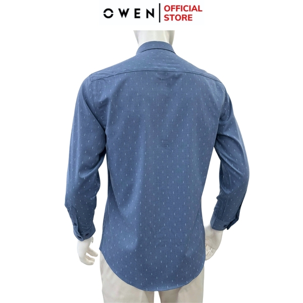 Áo sơ mi nam tay dài Owen AR255087DT màu xanh đậm họa tiết chấm bi dáng suông regular fit tà lượn có túi chất liệu bamboo spandex