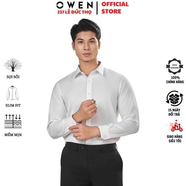Áo Sơ Mi Trắng Nam Tay Dài Owen AS240314D màu trắng ngà trơn dáng ôm slim fit tà lượn không túi chất liệu Modal Poly
