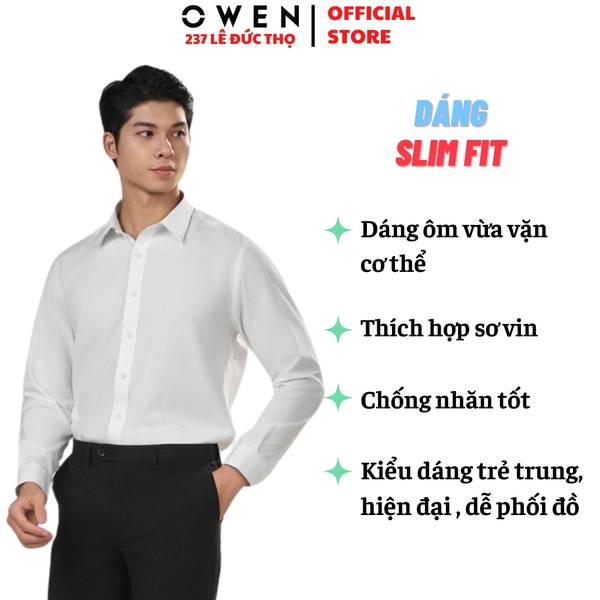 Áo Sơ Mi Trắng Nam Tay Dài Owen AS240314D màu trắng ngà trơn dáng ôm slim fit tà lượn không túi chất liệu Modal Poly