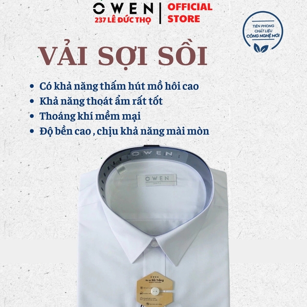 Áo Sơ Mi Trắng Nam Tay Dài Owen AS240314D màu trắng ngà trơn dáng ôm slim fit tà lượn không túi chất liệu Modal Poly