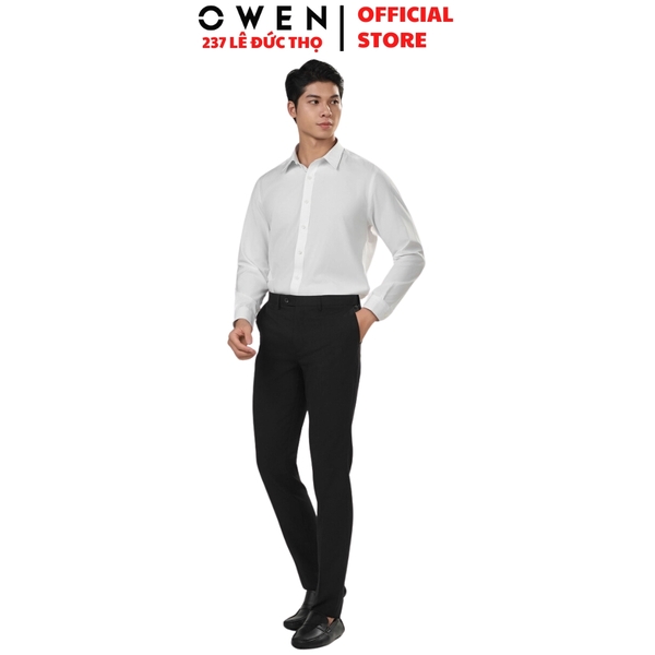 Áo Sơ Mi Trắng Nam Tay Dài Owen AS240314D màu trắng ngà trơn dáng ôm slim fit tà lượn không túi chất liệu Modal Poly