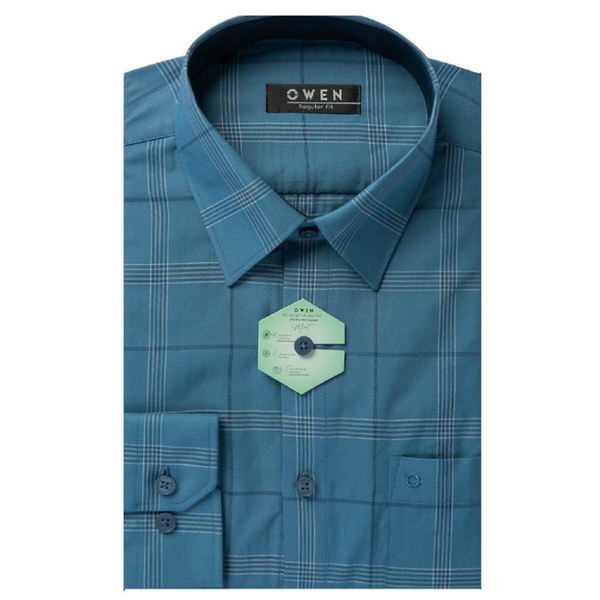Áo Sơ Mi Nam Tay Dài Owen AR220814DT Kẻ caro xanh đậm  Dáng Regular Fit Vài bạc hà