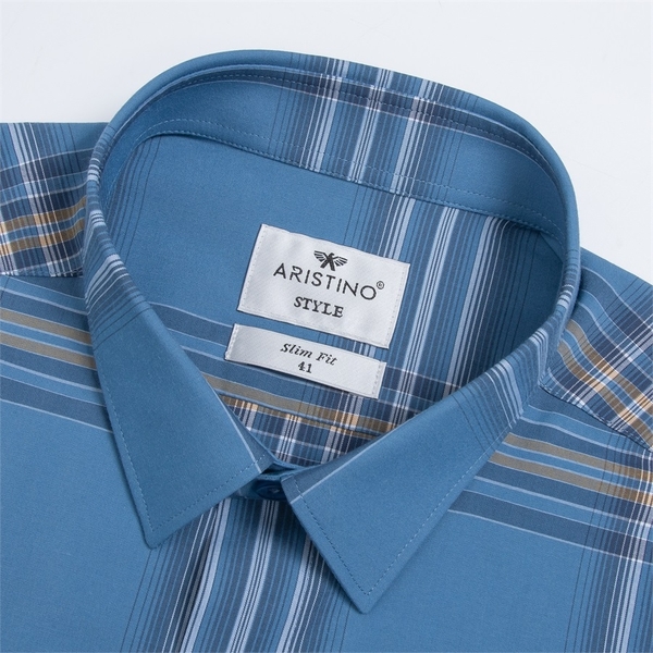 Áo Sơ Mi Nam Ngắn Tay Aristino ASS006S3 màu xanh kẻ trắng vàng