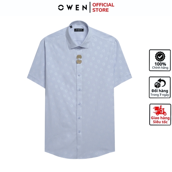 Áo sơ mi nam tay ngắn Owen AS250072N màu xanh nhạt in họa tiết dáng ôm slim fit tà lượn không túi Chất liệu bamboo poly