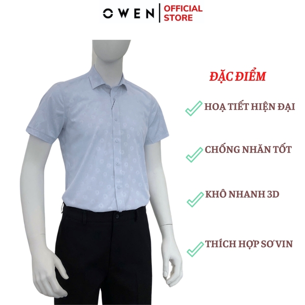 Áo sơ mi nam tay ngắn Owen AS250072N màu xanh nhạt in họa tiết dáng ôm slim fit tà lượn không túi Chất liệu bamboo poly
