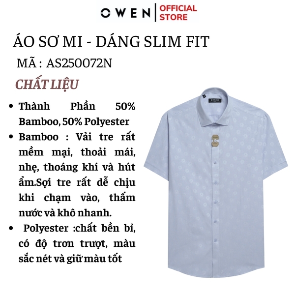 Áo sơ mi nam tay ngắn Owen AS250072N màu xanh nhạt in họa tiết dáng ôm slim fit tà lượn không túi Chất liệu bamboo poly