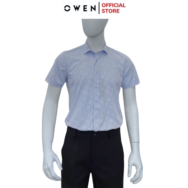 Áo sơ mi nam tay ngắn Owen AS250072N màu xanh nhạt in họa tiết dáng ôm slim fit tà lượn không túi Chất liệu bamboo poly