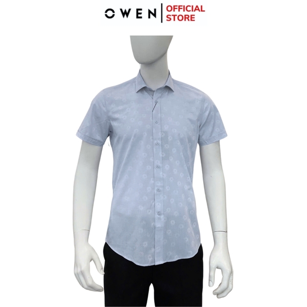 Áo sơ mi nam tay ngắn Owen AS250072N màu xanh nhạt in họa tiết dáng ôm slim fit tà lượn không túi Chất liệu bamboo poly