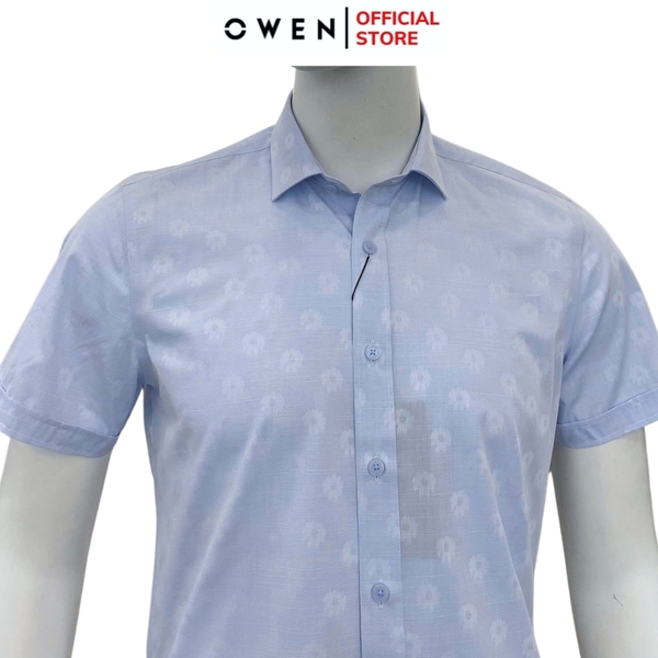 Áo sơ mi nam tay ngắn Owen AS250072N màu xanh nhạt in họa tiết dáng ôm slim fit tà lượn không túi Chất liệu bamboo poly