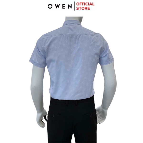 Áo sơ mi nam tay ngắn Owen AS250072N màu xanh nhạt in họa tiết dáng ôm slim fit tà lượn không túi Chất liệu bamboo poly