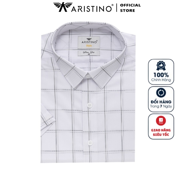 Áo Sơ Mi Nam Ngắn Tay Aristino ASS045S2 màu trắng kẻ xanh dệt dobby