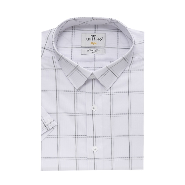 Áo Sơ Mi Nam Ngắn Tay Aristino ASS045S2 màu trắng kẻ xanh dệt dobby