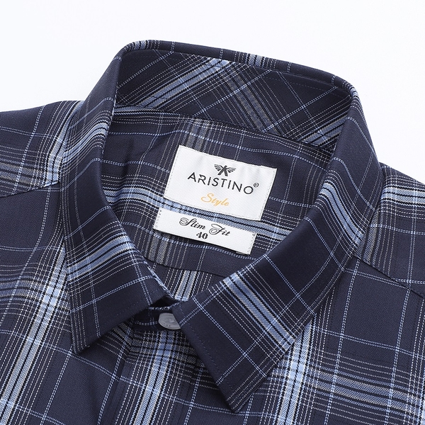 Áo Sơ Mi Nam Ngắn Tay Aristino ASS416S2 Màu Xanh Tím Than Kẻ Dobby dáng ôm tà lượn không túi vải sợi sồi cao cấp