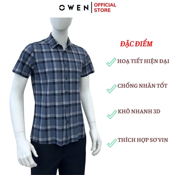 Áo sơ mi nam tay ngắn Owen AB250049NT màu xanh cổ vịt kẻ caro dáng suông body fit tà bằng có túi chất liệu Knit