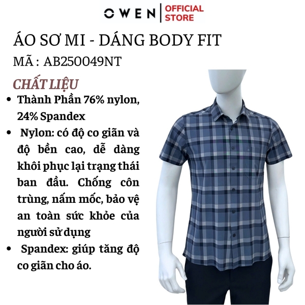 Áo sơ mi nam tay ngắn Owen AB250049NT màu xanh cổ vịt kẻ caro dáng suông body fit tà bằng có túi chất liệu Knit