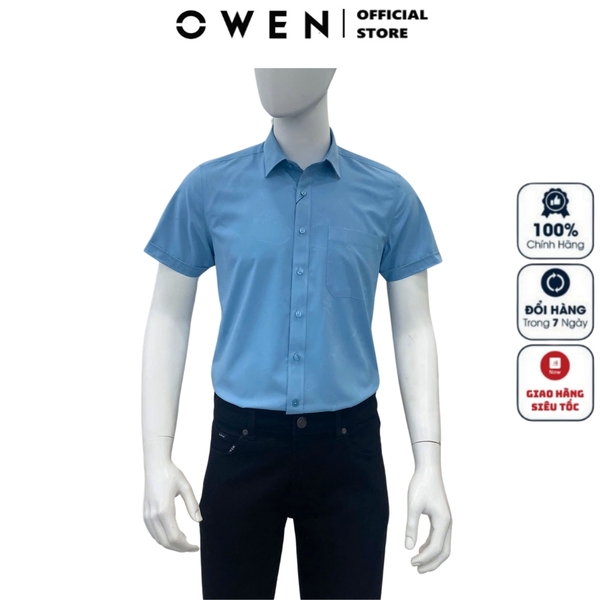 Áo Sơ Mi Nam Tay Ngắn Owen AB250058NT màu xanh đậm dáng suông body fit tà bằng có túi chất liệu bamboo poly