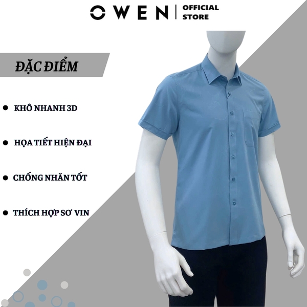 Áo Sơ Mi Nam Tay Ngắn Owen AB250058NT màu xanh đậm dáng suông body fit tà bằng có túi chất liệu bamboo poly