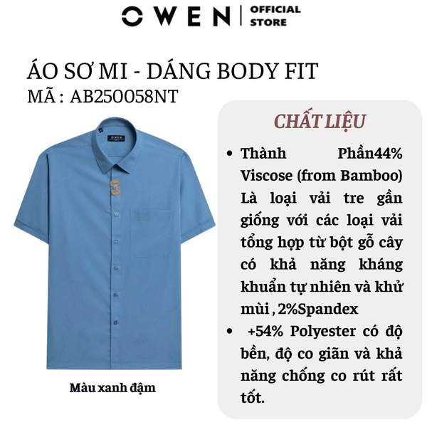 Áo Sơ Mi Nam Tay Ngắn Owen AB250058NT màu xanh đậm dáng suông body fit tà bằng có túi chất liệu bamboo poly