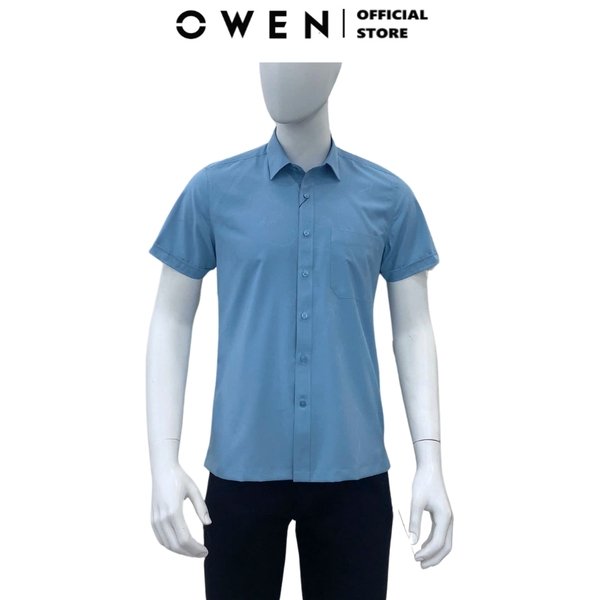 Áo Sơ Mi Nam Tay Ngắn Owen AB250058NT màu xanh đậm dáng suông body fit tà bằng có túi chất liệu bamboo poly
