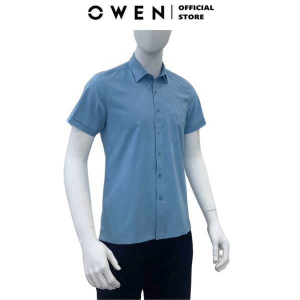 Áo Sơ Mi Nam Tay Ngắn Owen AB250058NT màu xanh đậm dáng suông body fit tà bằng có túi chất liệu bamboo poly