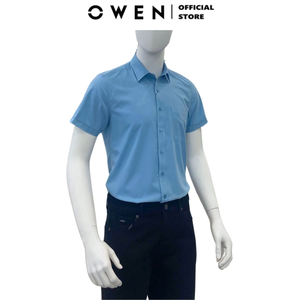 Áo Sơ Mi Nam Tay Ngắn Owen AB250058NT màu xanh đậm dáng suông body fit tà bằng có túi chất liệu bamboo poly