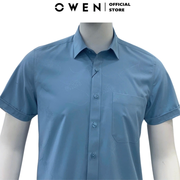 Áo Sơ Mi Nam Tay Ngắn Owen AB250058NT màu xanh đậm dáng suông body fit tà bằng có túi chất liệu bamboo poly