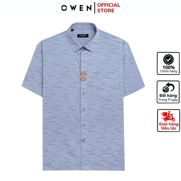 Áo sơ mi nam tay ngắn Owen AB250073NT màu xanh họa tiết dáng suông body fit tà bằng có túi chất liệu bambo poly