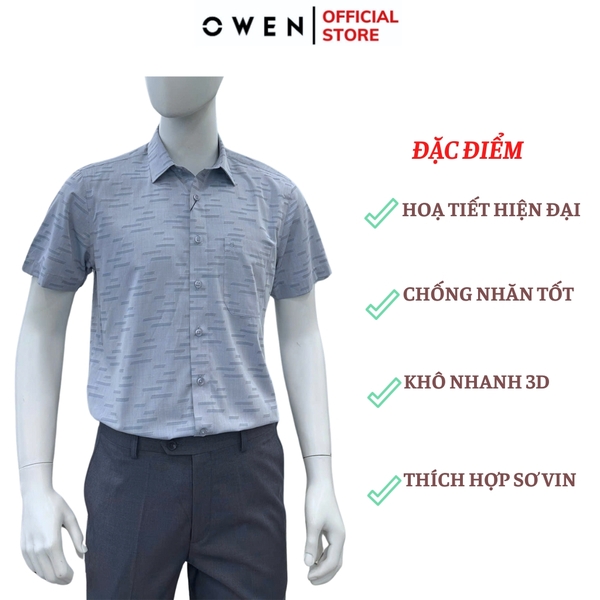 Áo sơ mi nam tay ngắn Owen AB250073NT màu xanh họa tiết dáng suông body fit tà bằng có túi chất liệu bambo poly