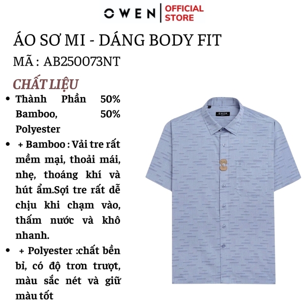 Áo sơ mi nam tay ngắn Owen AB250073NT màu xanh họa tiết dáng suông body fit tà bằng có túi chất liệu bambo poly
